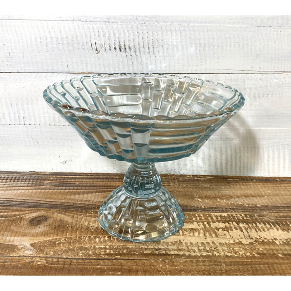 Vintage 1950's Jeannette Glass Louisa Star Lite Blue Footed Compote Bowl 9" Dia - Picture 8 of 12